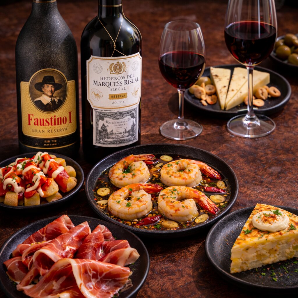 Spanische Tapas und Wein – La Esperanza Berlin Spanische Tapas mit Gambas al Ajillo, Jamón Serrano, Tortilla Española und Wein im La Esperanza Tapas Restaurant Berlin Mitte